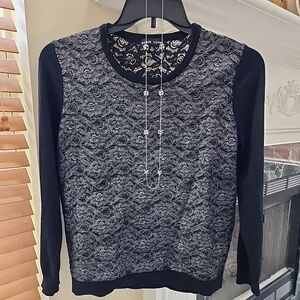 Womens Black Rivet Holiday Party Silver Lace Sweater Sz M